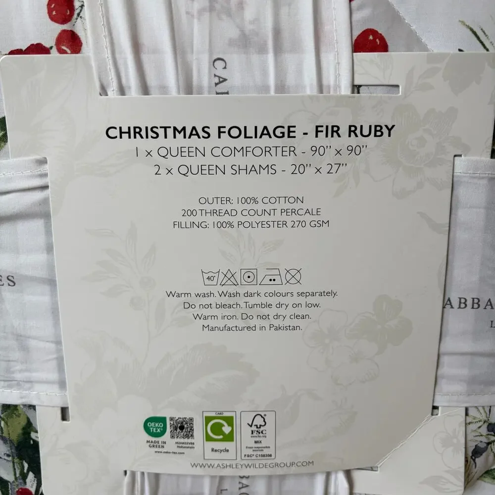 3pc Cabbages & Roses Christmas Foliage Fir Ruby QUEEN Comforter Set NEW